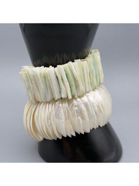 Vintage Mother of Pearl Shell Stretch Bracelet Chunky Beach Boho Set of 2